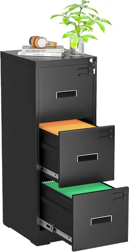 Vista 8 de Superday Archivador lateral de 3 cajones, archivadores negros con cerradura, archivadores de oficina de metal con bloqueo para oficina en casa