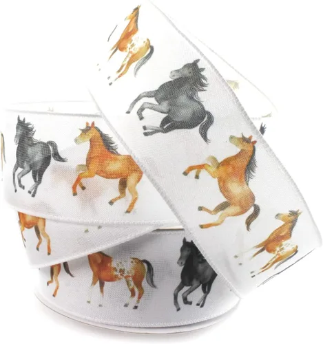 Vista 9 de Cinta con alambre de caballos salvajes florales de 2 1/2 pulgadas por 25 yardas Caballos salvajes florales azules