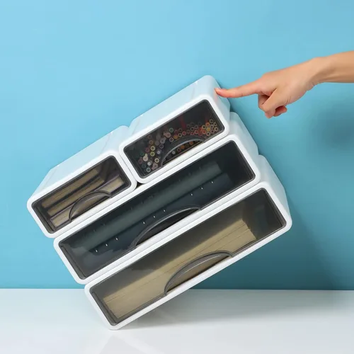 Vista 7 de Cajones de escritorio blancos para papel, cajones de almacenamiento de oficina apilables para escritorio, organizador de manualidades y contenedores
