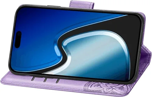 Vista 4 de HZD - Funda tipo cartera para iPhone 15, diseño de mariposa 3D, piel sintética, con función atril, cierre magnético y ranuras para tarjetas