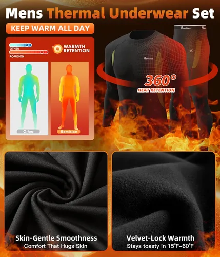 Vista 6 de romision 2 Pack Thermal Underwear for Men Long Johns Fleece Lined Hunting Gear Bottom Top Set Base Layer Cold Weather XS-4XL