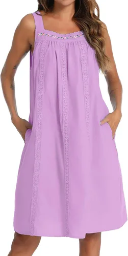 Vista 21 de YOZLY - Camisones de algodón sin mangas para mujer, camisón de tanque de noche con bolsillos A-Solid Blanco