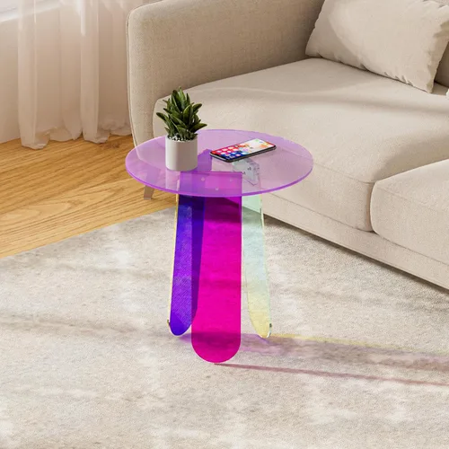 Vista 6 de Mesa auxiliar acrílica, mesa de centro iridiscente arcoíris con cubierta de mesa de PVC, muebles de acrílico transparente, mesita de noche redonda