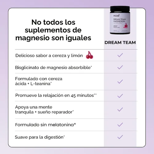 Vista 7 de Hum Nutrition Dream Team Polvo de Bisglicinato de Magnesio, L Teanina y Cereza Ácida Suplemento de Magnesio en Polvo para Bebida, Apoya el Descanso