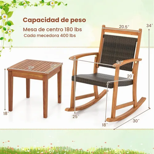 Vista 8 de Tangkula Juego de mecedoras de patio de 3 piezas con mesa auxiliar Castaño Rojizo