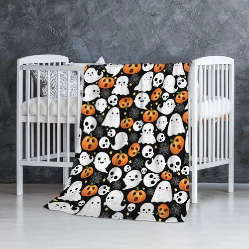 Vista 55 de Manta de Halloween para bebé, diseño de calabaza, fantasma, telaraña, súper suave, manta acogedora para recién nacido, manta de recepción para bebé