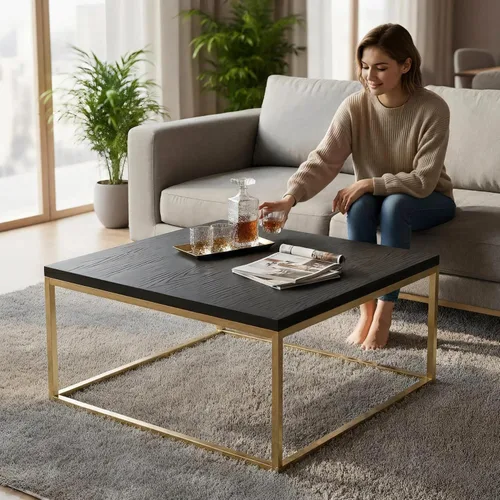 Vista 6 de CENSI Mesa de centro cuadrada de 30 pulgadas, mesa central de sala de estar de roble negro y dorado, estilo moderno estilo glamuroso industrial