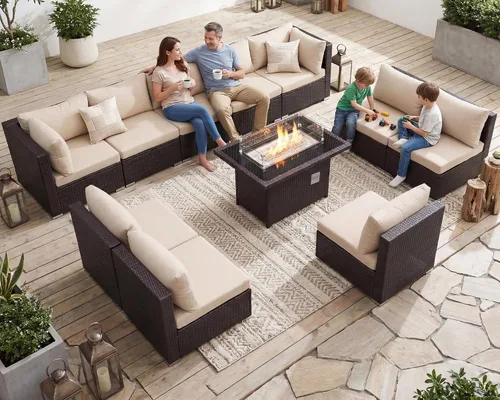 Vista 34 de NICESOUL Juego de muebles de patio de ratán extra grande con mesa para fogata de gas y propano, 29.3 pulgadas, respaldo alto, cómodos conversaciones