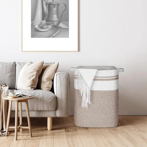Vista 34 de DOFASAYI Cesta de lavandería grande de 72 litros con asas de cuero, cesta de almacenamiento decorativa para mantas, cesta de ropa para sala