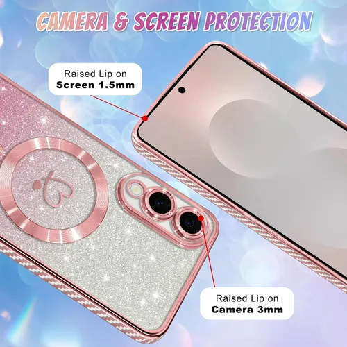 Vista 660 de Bonoma - Funda compatible con Samsung Galaxy S21 Plus, diseño de corazón con purpurina, color rosa Support for MagSafe, Plating Magnetic Case TPU