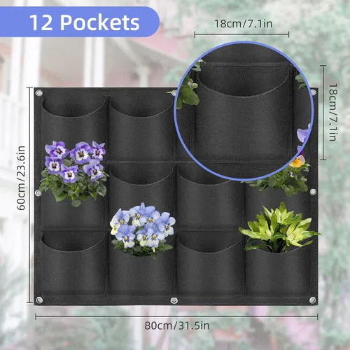 Vista 3 de Bolsas colgantes para macetas con 12 bolsillos, bolsas de cultivo verticales para colgar en la pared, macetas de jardín de hierbas para interiores