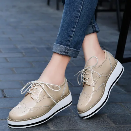 Vista 5 de DADAWEN - Zapatos con cintas tipo Oxford, con plataforma, para mujer, punta cuadrada Albaricoque