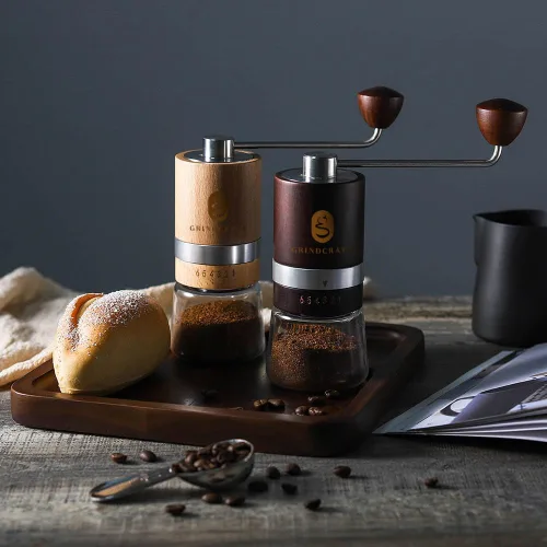 Vista 6 de Molinillo de café manual de alta calidad, fabricado con madera de haya auténtica; molinillo de café de mano con molino de rebabas de acero Marrón