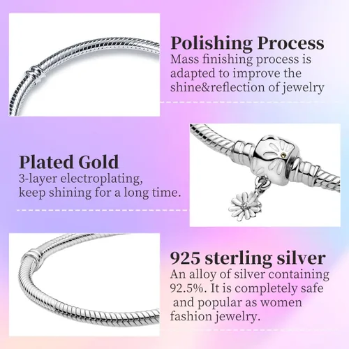 Vista 6 de LENDPLEX Pulsera de dijes para dijes, plata de ley S925 con cierre de corazón básico icónico de serpiente, pulsera de cadena de regalo para niñas