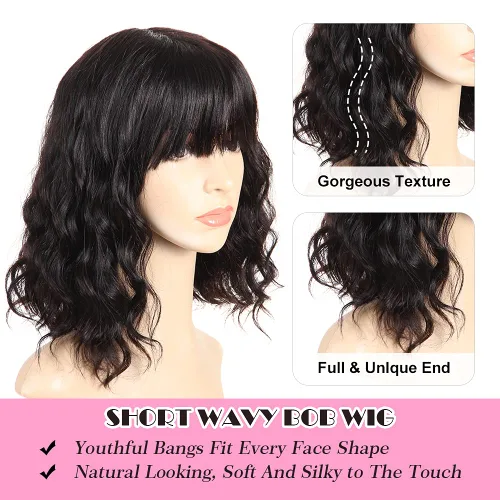 Vista 8 de PANEWAY Pelucas de cabello humano corto con flequillo, pelucas de cabello humano virgen brasileño ondulado para mujeres negras y blancas, pelucas