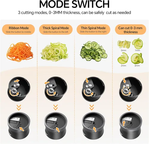 Vista 3 de Cortador espiralizador de verduras 4 en 1, grosor ajustable de 0.000-0.118 in, espiralizador de calabacín para preparar fideos vegetarianos