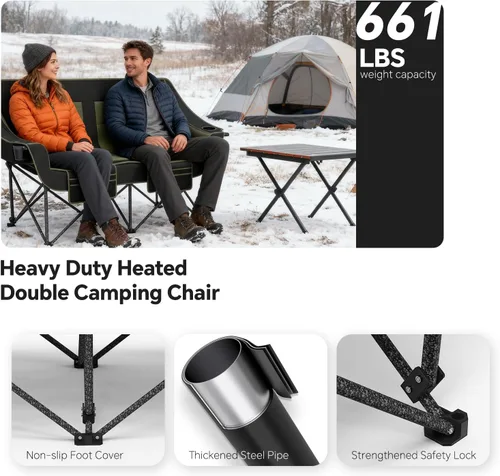 Vista 6 de SHIJING Silla de camping doble con calefacción, silla de sofá biplaza portátil con calefacción para deportes al aire libre, sillas plegables