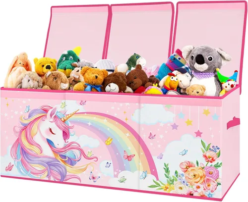 Vista 13 de decalsweet Caja de juguetes para niños, contenedor de almacenamiento plegable con asas para tapas para niños y niñas, caja organizadora de juguetes