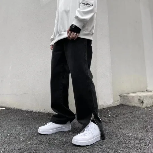 Vista 3 de Pantalones de mezclilla de pierna recta bordados con letras para hombre, sueltos, retro, casuales, de pierna ancha, pantalones de calle para hombre