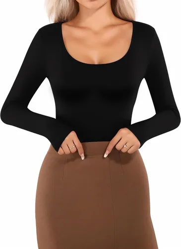 Vista 2 de MANGOPOP Women's Basic Bodysuits Scoop Neck Long Sleeve Body Suit Shirt Tops