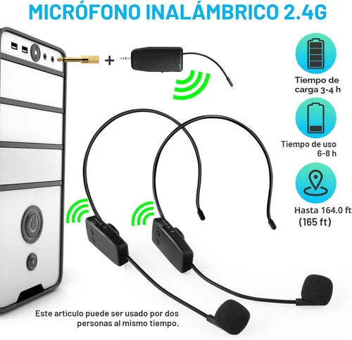 Vista 3 de Sistema de Micrófono Inalámbrico para 2 Personas, Alcance de 160 pies, 2 Micrófonos Inalámbricos Duales de Diadema 2.4G para Karaoke, Altavoz