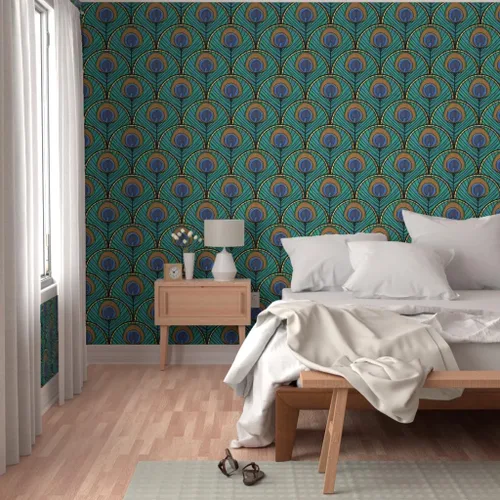 Vista 5 de Spoonflower Despegar y pegar papel pintado Swatch – Patrón de abanico Art Deco de pavo real pluma azul verde 1920 inspirado vintage dorado estampado