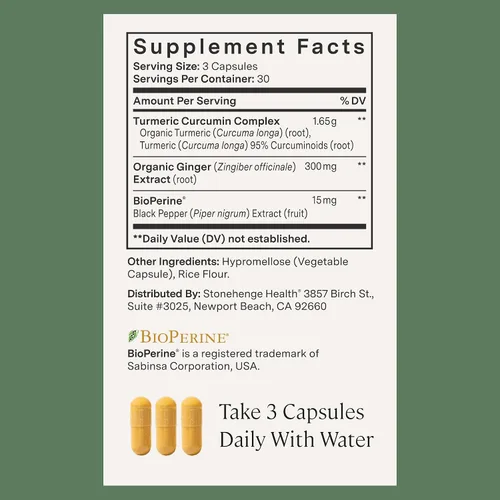 Vista 4 de Stonehenge Health Cúrcuma Dinámica con Curcumina y Jengibre - Alta Potencia - 1,650 mg de Cúrcuma con 95% de Curcuminoides y BioPerine, 90 Cápsulas