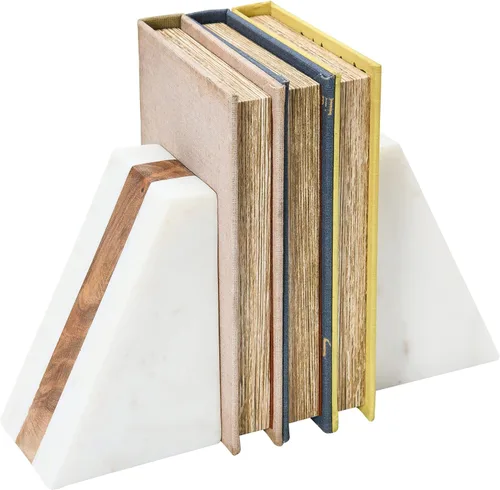 Vista 7 de Main + Mesa Sujetalibros geométricos de mármol con incrustaciones de madera, blanco