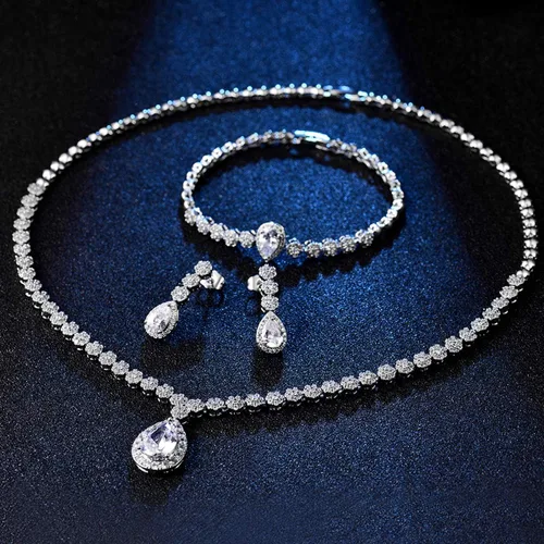 Vista 3 de Hadskiss - Juego de joyas, collar y aretes colgantes, chapado en oro blanco con circonia cúbica blanca AAA, joyería para bodas y fiestas