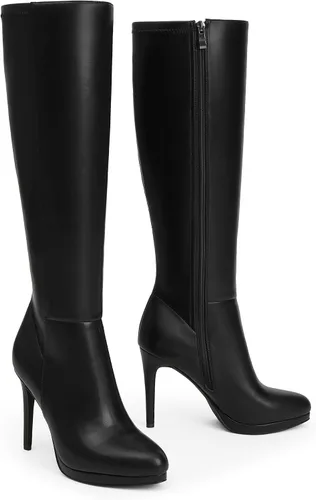 Vista 2 de Modatope Botas altas hasta la rodilla para mujer, botas de plataforma con punta puntiaguda, botas altas de tacón alto de aguja de 4 pulgadas, botas