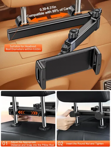 Vista 5 de Soporte para reposacabezas de coche, soporte para asiento trasero para iPad de 4.7 a 12.9 pulgadas Adjustable Extension Arm & 360° Rotating Clamp
