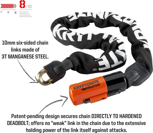 Vista 2 de Kryptonite Evolution 1090 Candado de Cadena para Bicicleta, Cadena de Acero de 10mm de 0.91 Metros de Largo, Antirrobo de Alta Resistencia, Candado