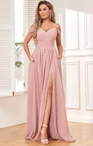Vista 4 de BOLENSYE Vestidos de dama de honor con hombros descubiertos y bolsillos, vestido de noche formal con abertura larga de gasa fruncida
