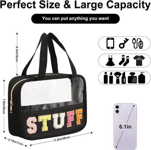 Vista 3 de Bolsa transparente de felpilla con parches de letras, bolsa de maquillaje transparente de PVC y nailon multiusos con asas, bolsa grande