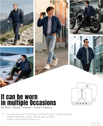 Vista 6 de 33,000ft Chaqueta bomber para hombre, impermeable, con cremallera, acolchada, ligera, cálida, casual, primavera, otoño e invierno Mezclilla oscura