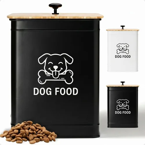 Vista 12 de Contenedor de comida de metal para perros de 5 a 7 libras, 25 tazas con tapa de bambú hermética, mango de metal Negro: Hueso