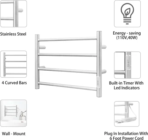 Vista 5 de KEG Calentador de toallas montado en la pared con temporizador incorporado 4 barras de acero inoxidable eléctrico calentado toallero para baño