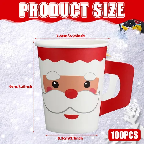 Vista 2 de Tioncy 100 vasos de papel desechables de Navidad con asas, 9 onzas, tazas de café de Papá Noel, lindos vasos desechables de chocolate caliente