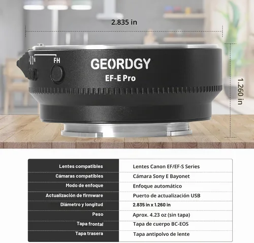 Vista 7 de GEORDGY - Adaptador de montaje de objetivo, EF-SE Pro para lentes Canon EF/EF-S, compatible con cámaras de la serie E-Mount Sony, funciones