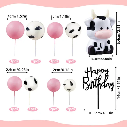 Vista 2 de Paquete de 12 adornos para tartas de vaca, linda figura de animales de granja con bolas, feliz cumpleaños para baby shower, niños, fiesta