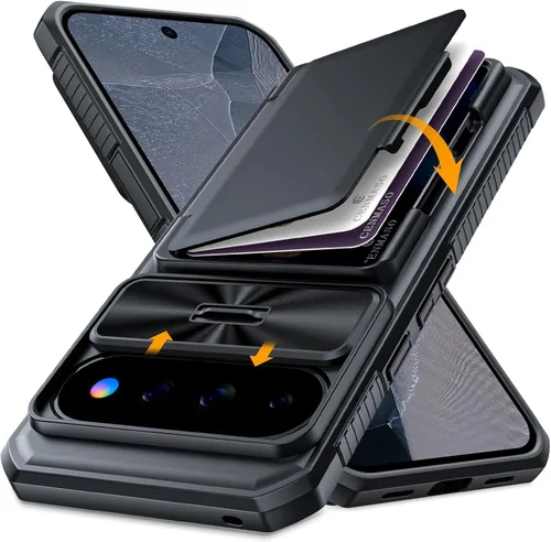 Vista 36 de CENMASO - Funda para Google Pixel 9 Pro XL con tarjetero (4 tarjetas), funda deslizante para cámara y función atril, bloqueo RFID, protección