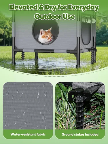 Vista 3 de Rywell Casa elevada para gatos al aire libre de 2 niveles con toldo, plataforma elevada de varios niveles, casa exterior para gatos con malla