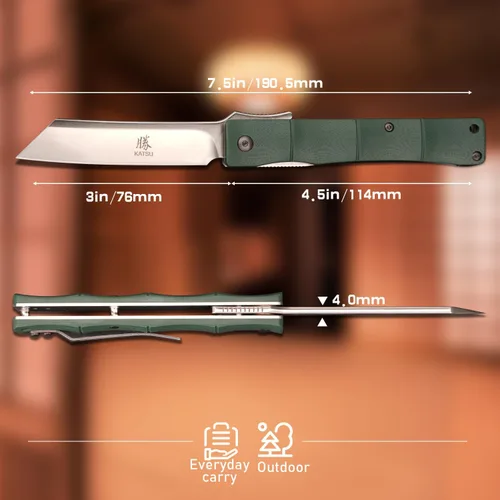 Vista 4 de KATSU, cuchilla de acero D2 hecha a mano, mango G10, estilo japonés, navaja de bolsillo plegable con clip