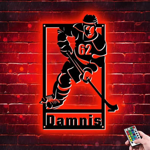 Vista 19 de Letrero de metal personalizado para jugador de hockey con luz LED, nombre personalizado y número, arte de pared de hockey, letrero de neón