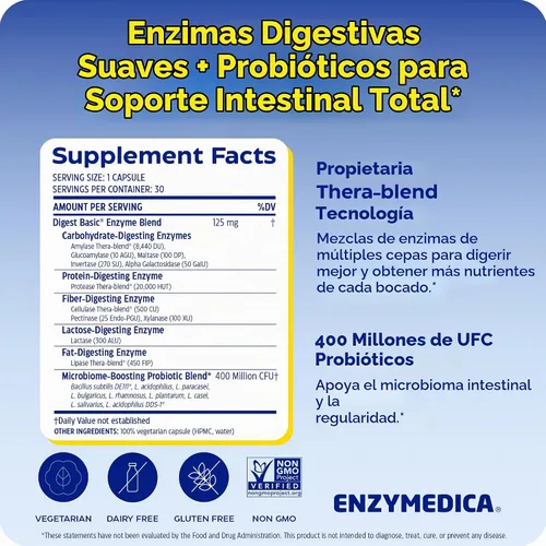 Vista 2 de Enzymedica Digest Basic + Probióticos - 30 Cápsulas Digestive Enzyme Supplement for Women & Men, Enzyme and Probiotic Capsules for Digestion, Gut