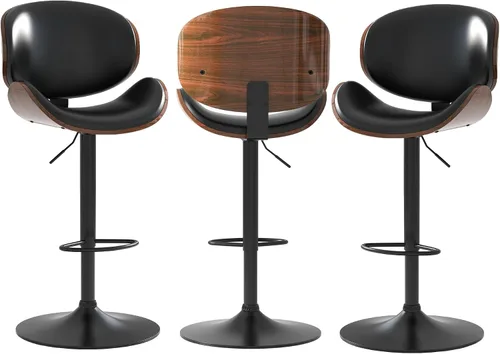 Vista 11 de Juego de 2 taburetes de bar giratorios ajustables, modernos taburetes de bar de madera curvada con base de metal grande y reposapiés, silla de bar