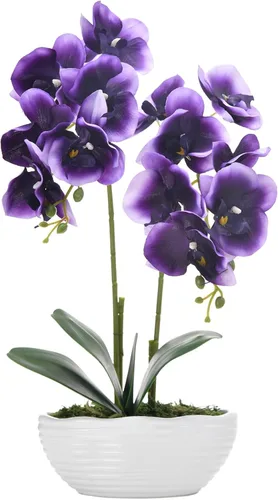 Vista 14 de Planta de orquídea artificial grande en maceta, arreglo floral de seda con jarrón de cerámica, morado oscuro