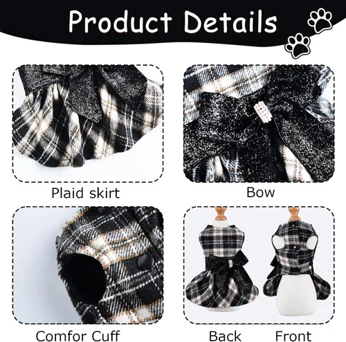 Vista 5 de Vestido de perro para perro pequeño, suéter Yorkie para niña, ropa de cachorro a cuadros, chihuahua, gato, linda ropa de forro polar cálido