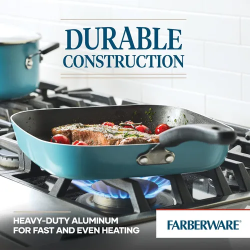 Vista 6 de Farberware Cookstart DiamondMax Sartén/Plancha Cuadrada Profunda Antiadherente, Apta para Lavavajillas, 11 Pulgadas - Aguamarina