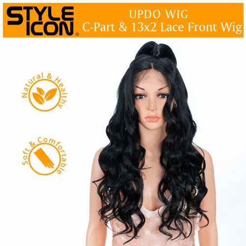 Vista 2 de Style Icon - Peluca de encaje frontal negra con parte libre, estilo U, de 24" de largo, ondulada con flequillo, sintética, resistente a altas 1